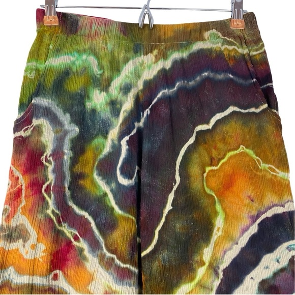 Handmade Tie Dye Pants Womens Small Geode Culottes Capri Crops Gold Purple Green - Picture 3 of 12